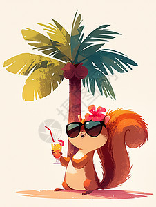 在椰子树下戴着墨镜喝着饮料的卡通小松鼠图片