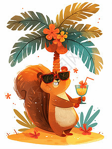 在椰子树下戴着墨镜喝饮料的卡通小松鼠图片