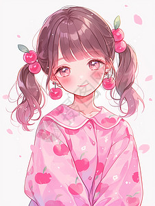 戴着樱桃耳饰穿着粉色花睡衣的卡通女孩图片