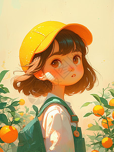 戴着帽子穿背带裤的卡通女孩站在橙子果园中图片