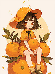 可爱的卡通小女孩和丰收的橙子图片