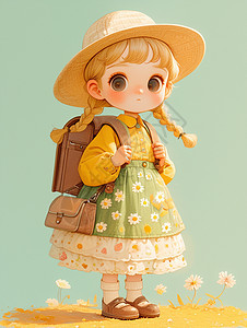 穿小雏菊碎花裙戴着草帽背着包包的可爱卡通女孩图片
