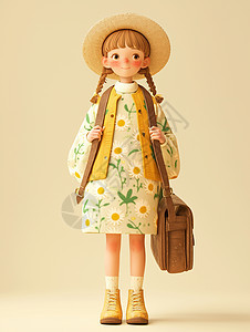身穿小雏菊碎花裙戴着草帽背着包包的卡通女孩图片