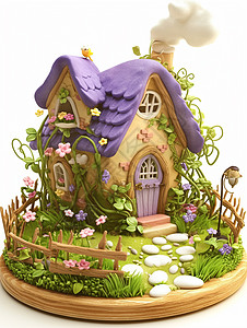 紫色屋顶黏土风卡通小房子图片