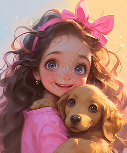 头上戴着粉色蝴蝶结抱着金毛犬的可爱卡通小女孩图片