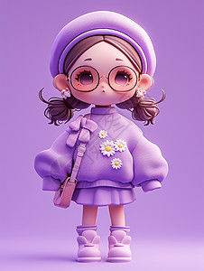 身穿紫色毛衣半身裙时尚可爱卡通小女孩背着小包图片