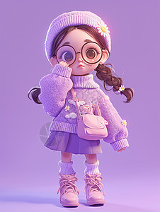 身穿紫色毛衣半身裙时尚可爱卡通小女孩背着包图片