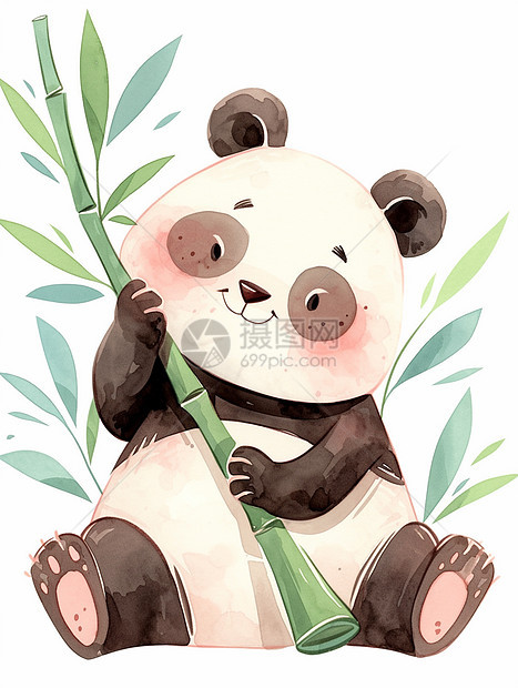 抱着竹子的卡通可爱大熊猫图片