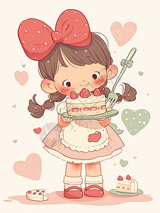 端着美味的蛋糕穿着蓬蓬裙的可爱卡通小女孩图片