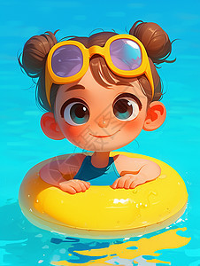 戴着游泳镜套着黄色游泳圈在泳池游泳的卡通小女孩图片