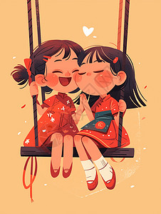 两个可爱的卡通女孩坐在秋千上一起荡秋千图片