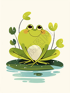 在荷叶上蹲着一只可爱的卡通小青蛙图片