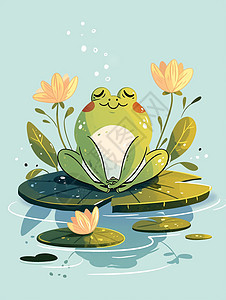 荷叶上蹲着一只可爱的卡通小青蛙图片