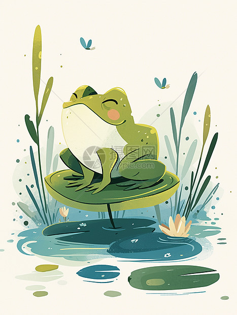 在荷叶上蹲着一只卡通小青蛙图片