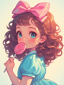 头上戴着大大的粉色蝴蝶结正在吃棒棒糖的可爱卡通小女孩图片
