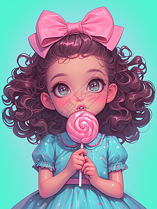 戴着大大的粉色蝴蝶结正在吃棒棒糖的可爱卡通小女孩图片