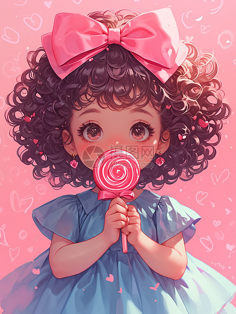 头上戴着大大的粉色蝴蝶结在吃棒棒糖的可爱卡通小女孩图片