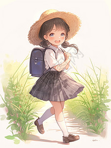 身穿格子半身裙戴着帽子背着书包去上学的可爱卡通小女孩图片