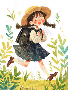 穿格子半身裙戴着帽子背着书包去上学的可爱卡通小女孩图片