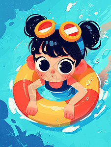 套着游泳圈在泳池开心游泳的卡通小女孩背景图片