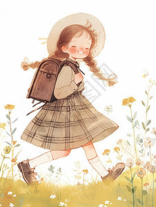 水彩风背书包上学的可爱卡通小女孩图片