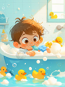 可爱的卡通小男孩在浴室泡澡图片
