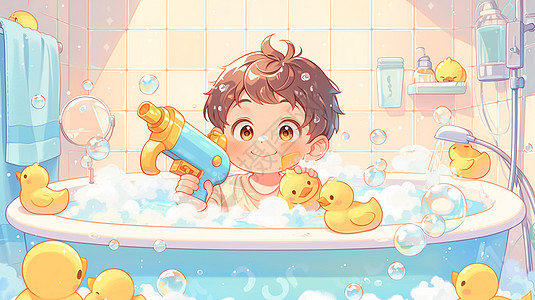 在浴室里一边泡澡一边玩水枪的卡通小男孩图片