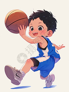 身穿一身蓝色运动装正在打篮球的卡通小男孩图片