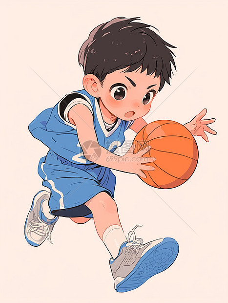穿一身蓝色运动装正在打篮球的卡通小男孩图片