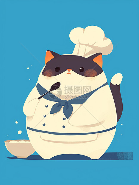 戴着厨师帽子手拿厨具的卡通肥猫图片