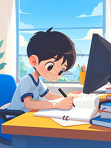 在书桌上认真写作业的卡通小男孩图片