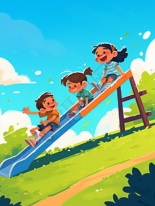 几个可爱的卡通小朋友在一起玩滑梯图片