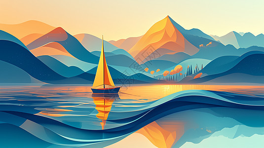 唯美梦幻的卡通山川湖中心一艘卡通帆船图片