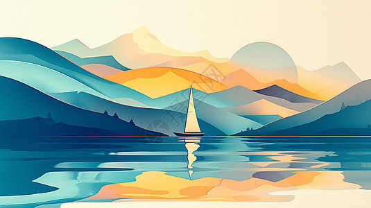 彩色梦幻的卡通山川湖中心一艘卡通帆船图片