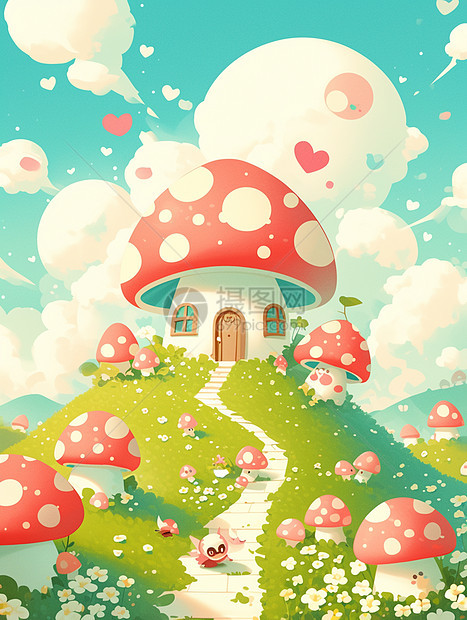 绿色美丽的山坡上几个红色卡通蘑菇屋图片