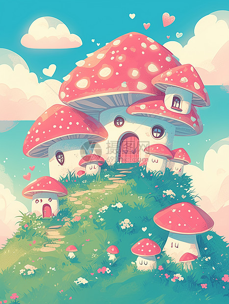 绿色美丽的山坡上几个红色卡通蘑菇屋图片