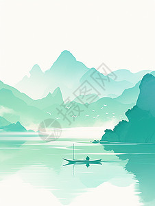 绿色青山间湖泊中一艘小船图片
