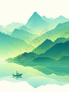 青山间湖泊中一艘小船图片