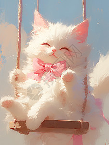 白色可爱的卡通小猫在荡秋千图片