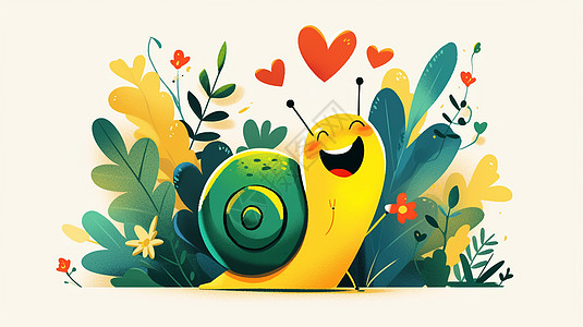 草丛中开心笑的卡通小蜗牛图片