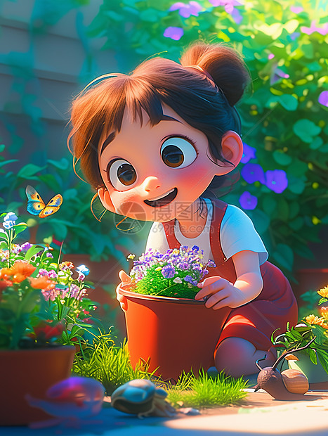 在花园中抱着一盆花开心笑的卡通小女孩图片