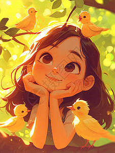森林中与小鸟一起玩的长发卡通女孩图片