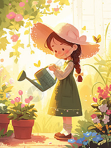 在花园中戴草帽正在浇花的可爱卡通小女孩图片
