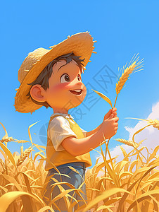 戴草帽手拿麦子在麦子地中的卡通小男孩图片