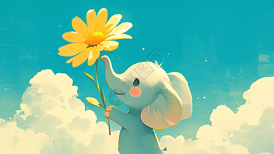 拿着一大朵小花的卡通可爱小象图片
