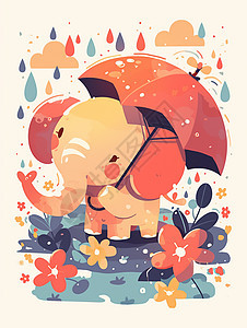 雨中举小雨伞的可爱卡通小象图片