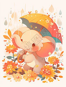 雨中举伞的可爱卡通小象图片