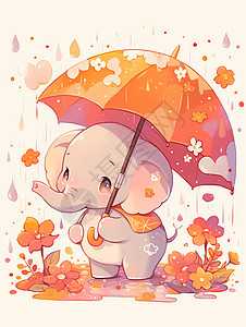 雨中举伞的可爱卡通小象图片