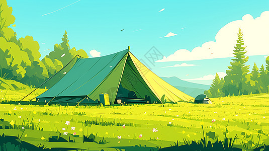 扎在绿色山坡上的一个卡通露营帐篷图片