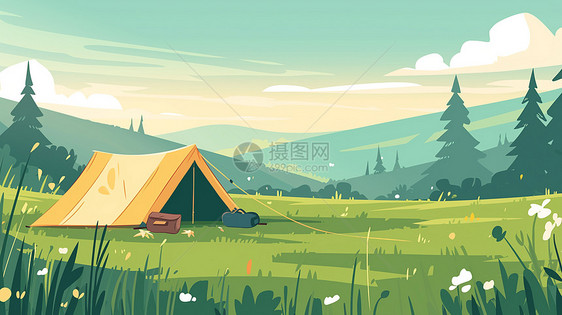 驻扎在山坡上的一个卡通露营帐篷图片